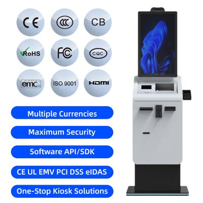 Customized Self Service Currency Exchange Cash Coin Payment Kiosk QR Barcode Scanner A4 Receipt Printer SDK CE FCC Certification